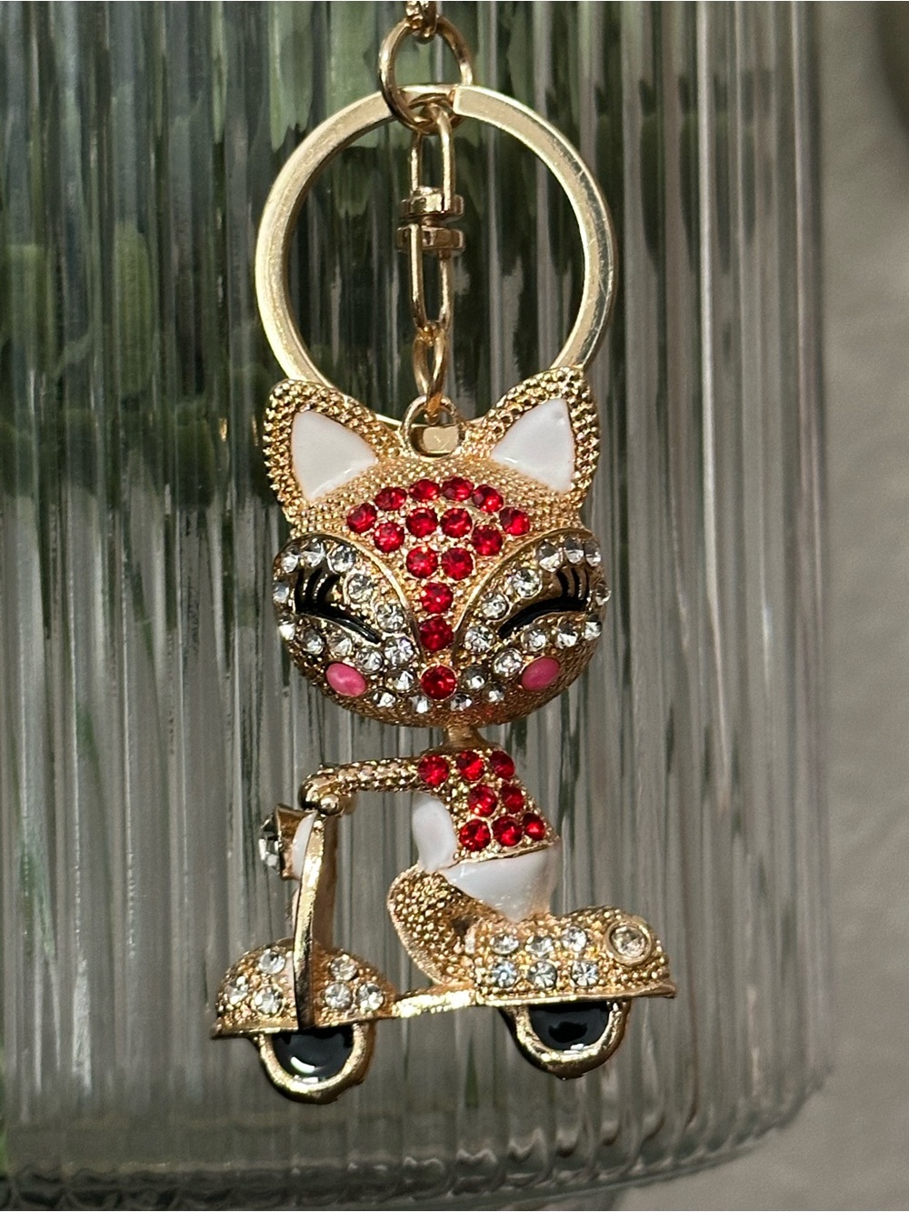 Gold Toned Cat Keychain Charm with Red and Pink Accents
